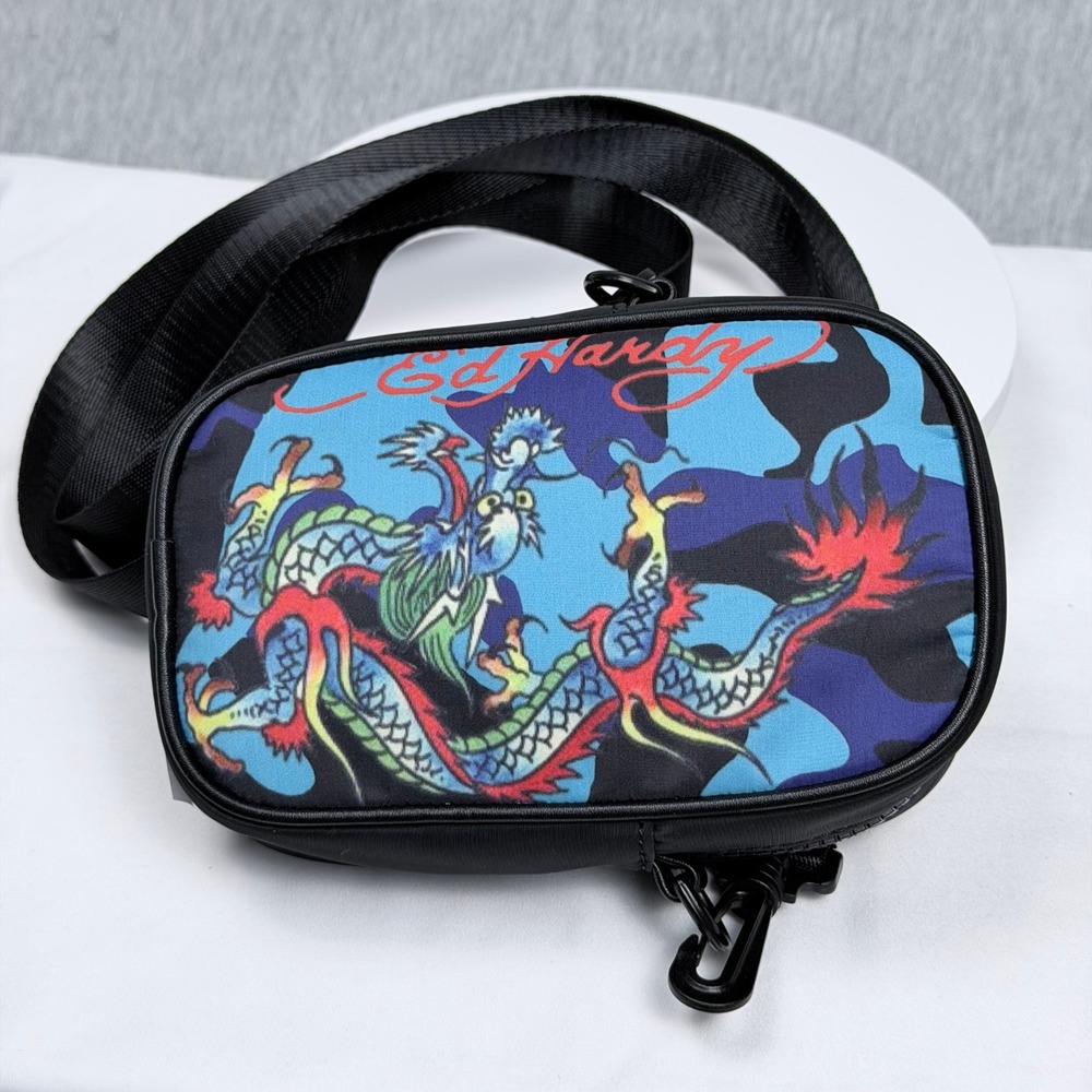 Ed Hardy Dragon Camo Crossbody Bag Black Blue Nylon Messenger Festival Bag NEW